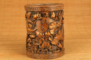 Old Boxwood Hand Carving Years Of Brimful Happiness Statue Brush Pot Pk