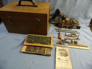 Vintage Stanley 45 Combination Plane 22 Cutters,  Instructions In Wood Box