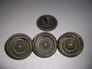 4 Antique Vtg Brass Furniture Drawer Pulls - Ring & Plate Style