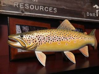 Hand Painted Brown Trout Decoy Fish Rainbow Brook Fly Fishing Rod Reel Creel Pic