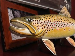 Hand Painted Brown Trout Decoy Fish Rainbow Brook Fly Fishing Rod Reel Creel PIC 2