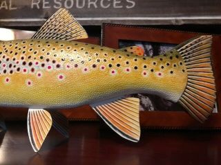 Hand Painted Brown Trout Decoy Fish Rainbow Brook Fly Fishing Rod Reel Creel PIC 3