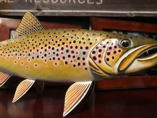Hand Painted Brown Trout Decoy Fish Rainbow Brook Fly Fishing Rod Reel Creel PIC 7