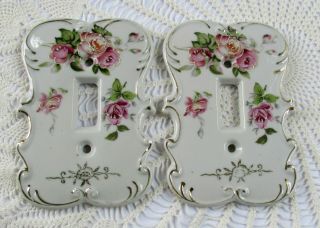 2 Vintage Hand Painted Porcelain Wall Light Switch Plate Cover Pink Roses Shabby