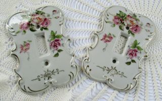 2 Vintage Hand Painted Porcelain Wall Light Switch Plate Cover Pink Roses Shabby 2