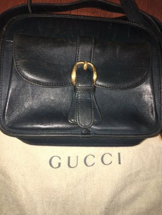 Gucci Small Navy Blue Square Leather Bag Vintage Crossbody,  Dustbag
