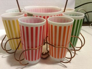 Vintage Rare Hazel Atlas 8 Candy Striped Glasses With Ice Bucket And Carrier