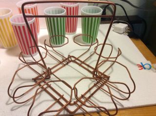 VINTAGE RARE HAZEL ATLAS 8 CANDY STRIPED GLASSES WITH ICE BUCKET AND CARRIER 8