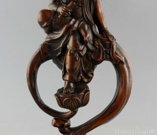 AAA Collect Antique Boxwood Hand Carve Guan Yin Moral Bring Luck Buddhism Statue 5