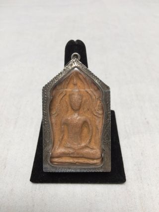 Old Buddha Pendant Amulet From Thailand With Engraved Silver Encasement