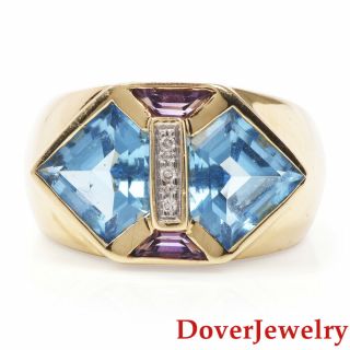 Estate Diamond Blue Topaz Amethyst 14k Yellow Gold Geometric Ring 9.  4 Grams Nr