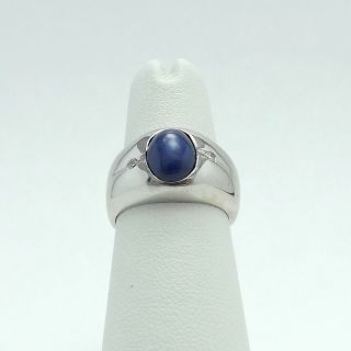 Vintage 14k White Gold Blue Star Sapphire Diamond Mens Pinky Ring Sz 5.  5
