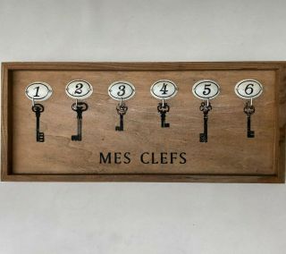 Vintage French Rectangular Wooden Key Rack Numbered 1 - 6 With 6 Hooks