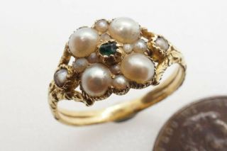 Pretty Little Antique Georgian English 15k Gold Pearl & Emerald Ring C1820