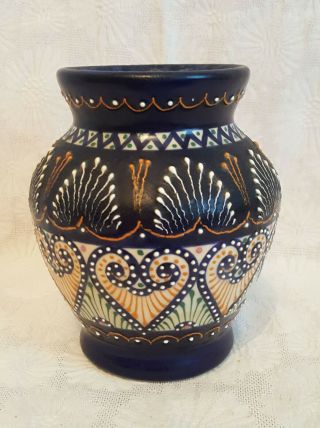 Hb Quimper France Hand Crafted Vase Dark Blue Early Piece