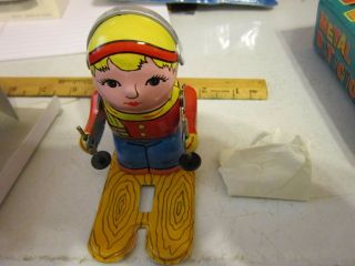 Vintage Red China Shanghai Skier Wind - up Tin Toy MS276 2