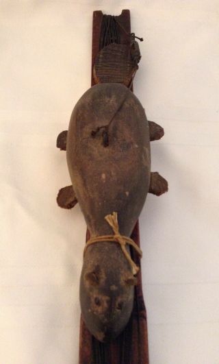 RARE ANTIQUE FOLK ART BABY BEAVER ICE FISHING DECOY AND JIG STICK 3