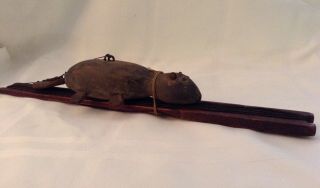 RARE ANTIQUE FOLK ART BABY BEAVER ICE FISHING DECOY AND JIG STICK 4