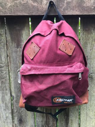 Vintage Eastpak Nylon Canvas Leather Bottom Backpack Bookbag Made In Usa Maroon