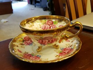 Vintage Ew China 3 - Footed Tea Cup And Saucer With Roses