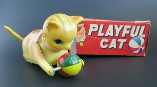 Vintage Alps Playful Cat W/ Ball Tin Litho Wind Up Toy W/ Box Japan Vgc