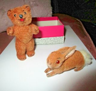 2 Vintage Kunstlerschutz Brown Bear And Rabbit Flocked Animals W.  Germany