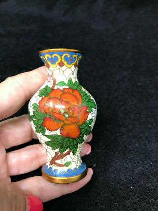 Vintage Miniature Cloisonne Vase Red Flowers White Background -