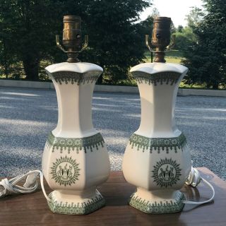 Vintage Pair Green & Ivory Ceramic Table Lamps Fideli Certa Merces