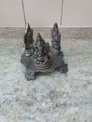 Vintage Indian Figural Embossed Hindu Deity Stand For Incense Pot With Ganesh
