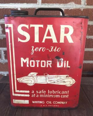 Vtg Star Motor Oil 2 Gallon Oil Can Car Graphic Whiting Oil Co Clifton Virginia