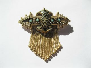 Antique Victorian Etruscan Enamel 14k Gold Pin Brooch Pendant Tassels 13 Grams
