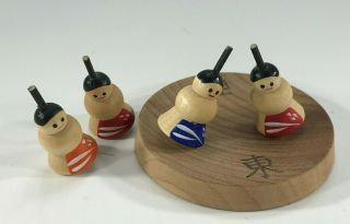 Vintage Sumo Wrestler Spinning Tops Japanese Kokeshi Japan 4 Wooden Dolls & Base