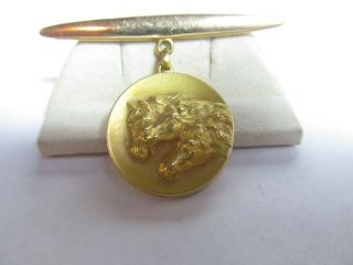 Victorian 14k Solid Gold Locket With 3 Horse Motif & Attached Bar Pin