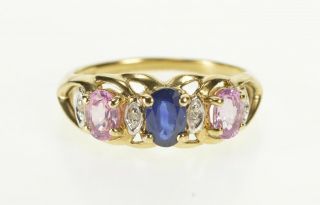 14k Three Stone Blue Pink Sapphire Diamond Accent Ring Size 7 Yellow Gold 87