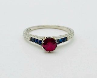 Art Deco Solid 18k White Gold Ruby And Sapphire Engagement Ring