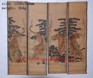 Vintage Set 4 Chinese Hand Painted Paper Scrolls Tiger Cranes Eagle Horses