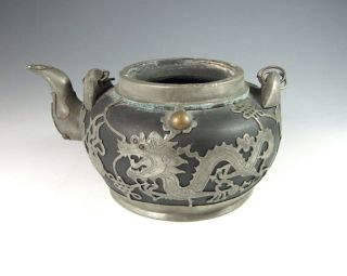 Antique Chinese Black Yixing Tea Pot With Pewter Dragon Overlay