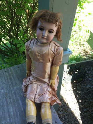 Antique German Bisque Head Doll KESTNER 164 Brown Eyes & Wig 28 Inch 2