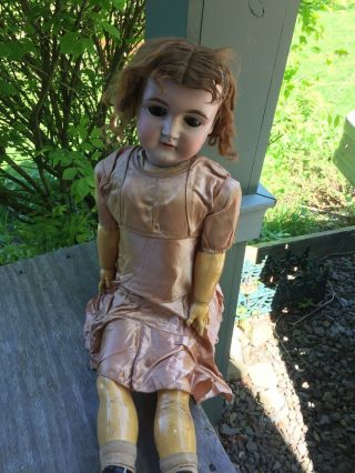 Antique German Bisque Head Doll KESTNER 164 Brown Eyes & Wig 28 Inch 6