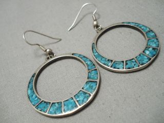 Huge Vintage Navajo Turquoise Inlay Sterling Silver Hoop Earrings Old