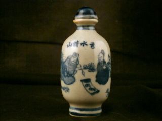 Wow 19thc Chinese Blue & White Porcelain Painting 2men Snuff Bottle O144