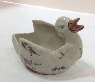 Galle Pottery Figural Duck Planter.  Antique France.  Signed.  19th Century