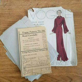 Vintage 1930s Vogue Couturier Design Dinner Frock Pattern 388 Paris Size 16 12