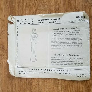 Vintage 1930s Vogue Couturier Design Dinner Frock Pattern 388 Paris Size 16 9