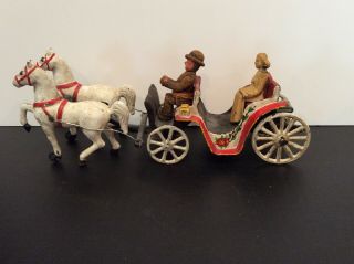 Vintage Antique Cast Iron Horse & Buggy Carriage W Passenger