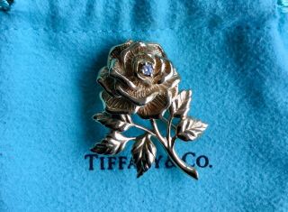 Tiffany & Co 14k Gold Rose Pin Vintage/estate With Diamond Euc