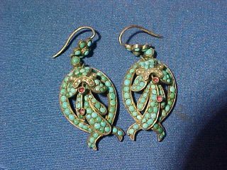 19thc Victorian Era Turquoise,  Pearls Pierced Earrings W 150 Turquoise Stones