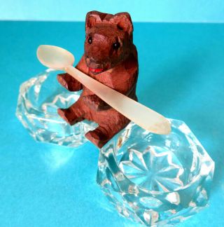 Antique Black Forest Carved Bear,  Double Glass Salt Dips,  Pearl Spoon.