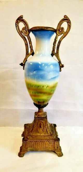 Antique Victorian Mantle Ornate Urn Vase w/ Bronze Metal Cupid Handles 2