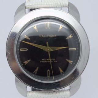 Vintage Hallmark 35mm Mens Steel Automatic Watch = Gilt Dial = Great Horn Lugs